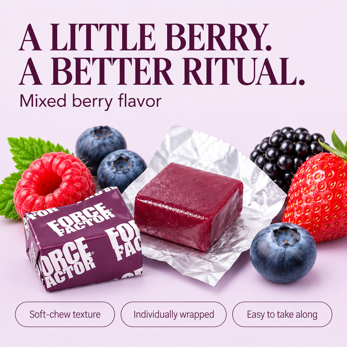 Mixed berry flavor and individually wrapped soft-chew texture