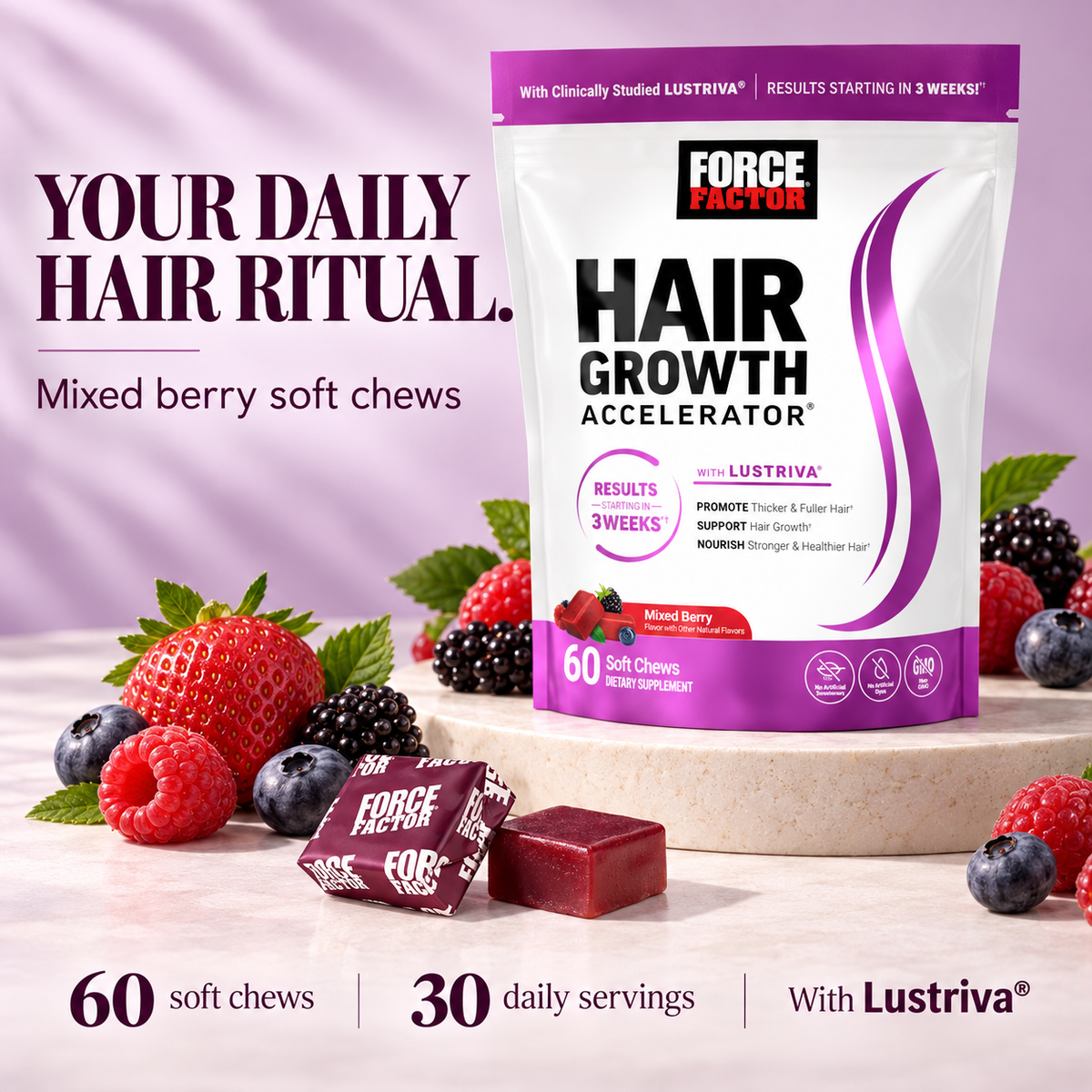 Hair Growth Soft Chews — mixed berry, 60 chews and 30 daily servings
