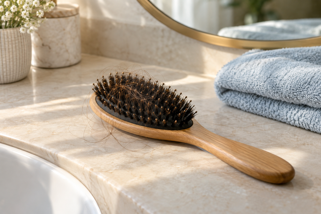 A wooden hairbrush with loose strands on a bathroom counter
