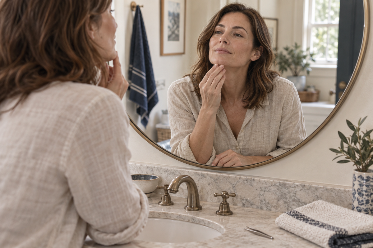 Illustrative scene of a woman checking her chin in a bathroom mirror