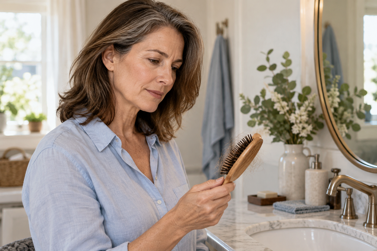 Illustrative scene of a mature woman looking at her hairbrush