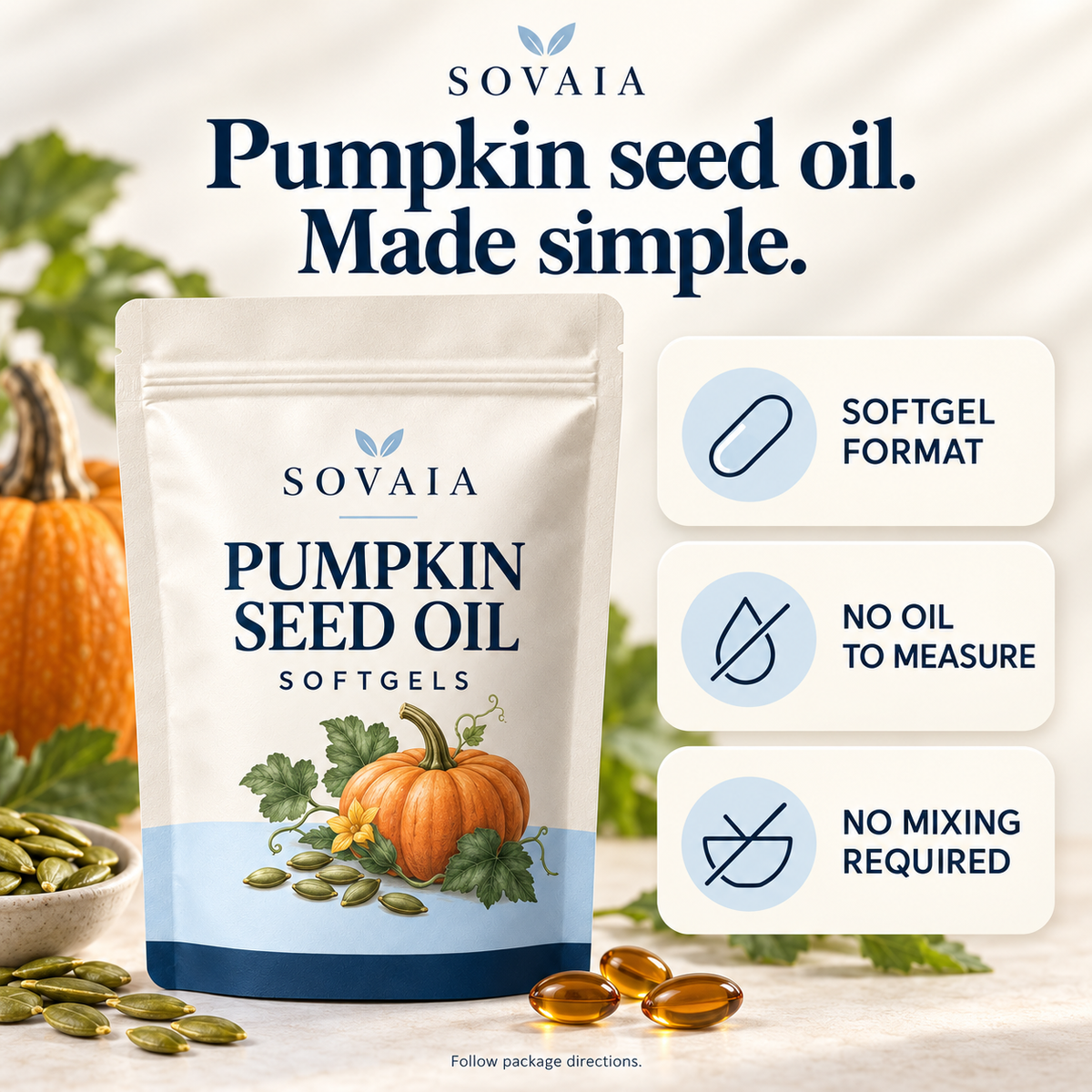 SOVAIA Pumpkin Seed Oil Softgels — softgel format, no oil to measure, no mixing required