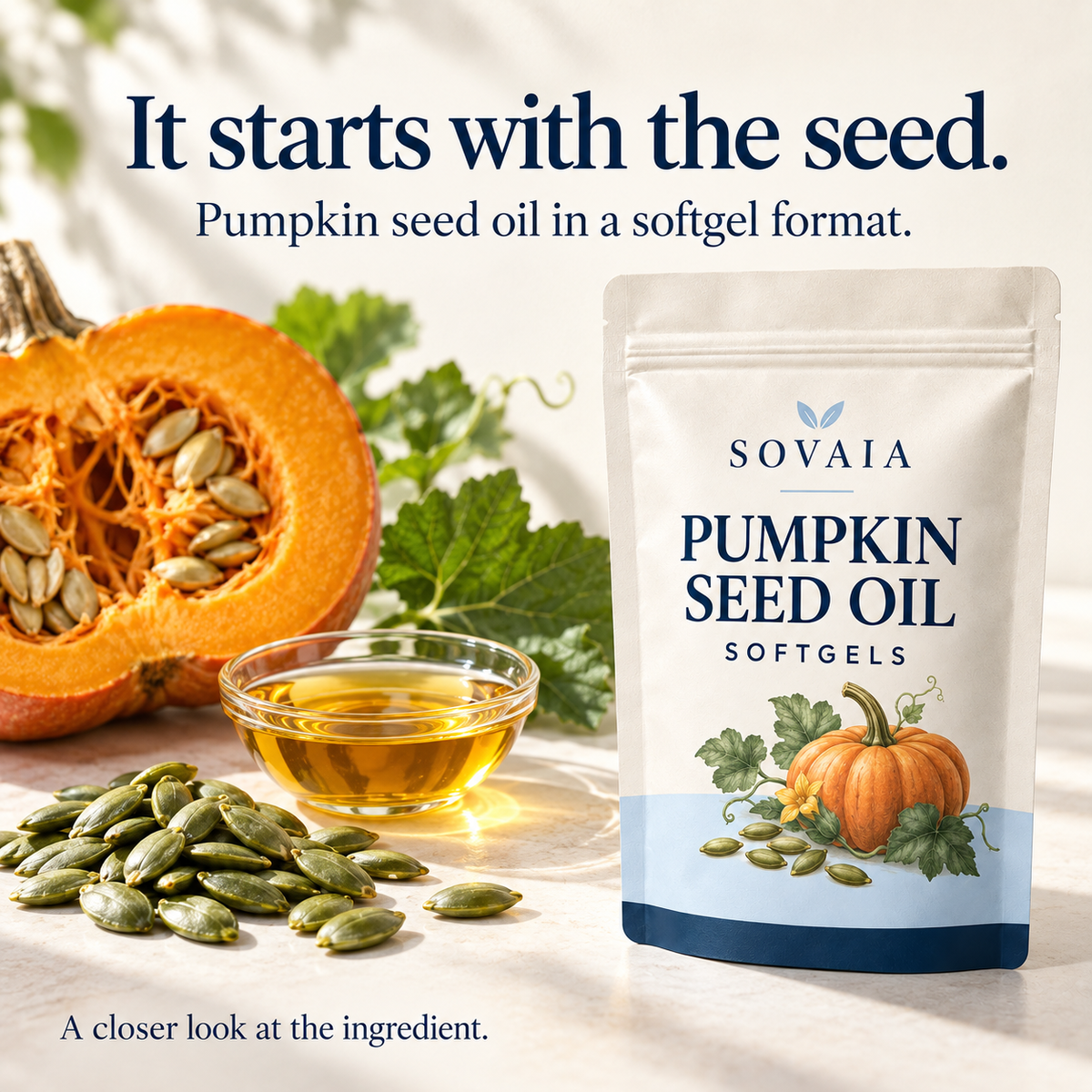SOVAIA Pumpkin Seed Oil — pumpkin seeds, oil and softgel packaging
