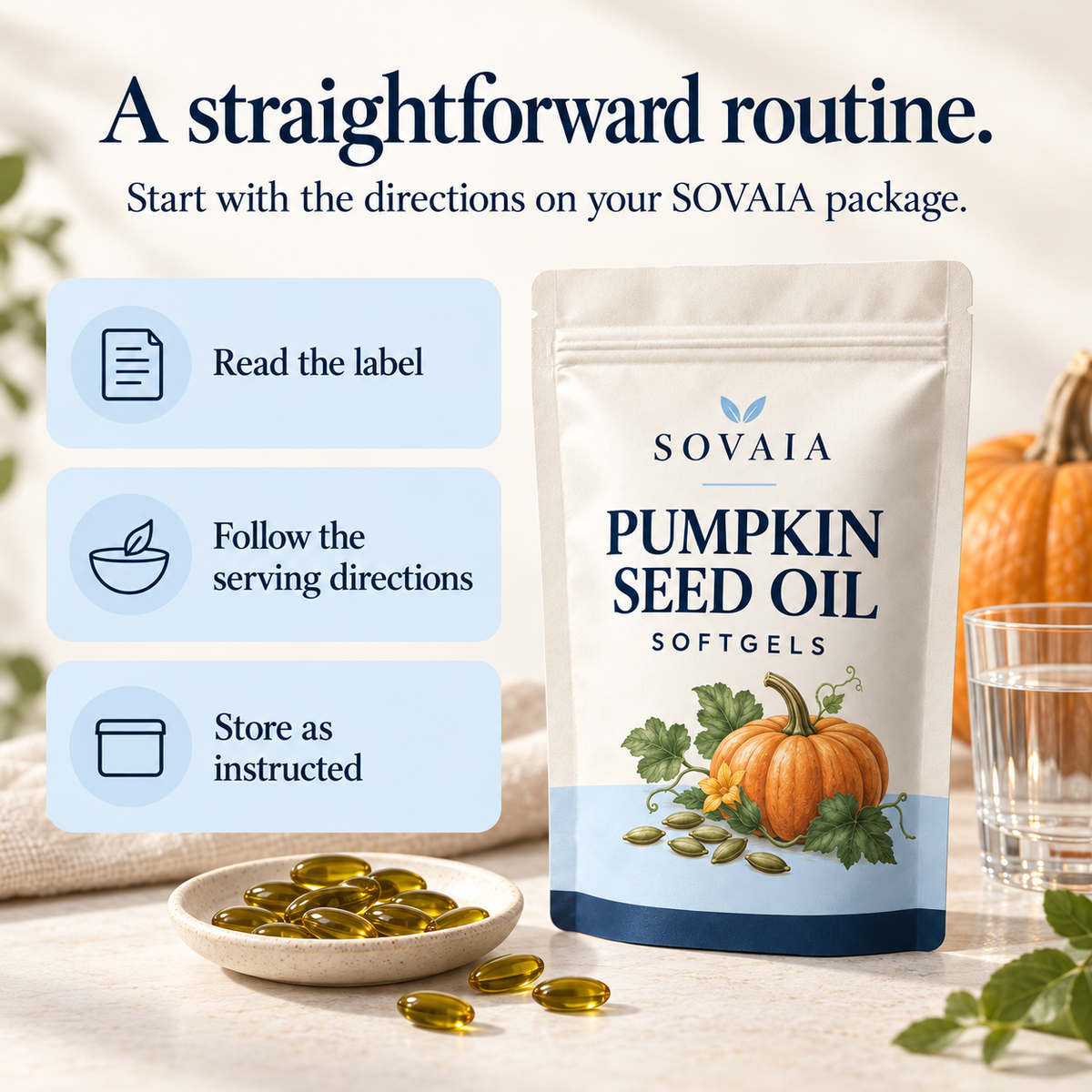 SOVAIA package directions — read the label, follow serving directions, store as instructed