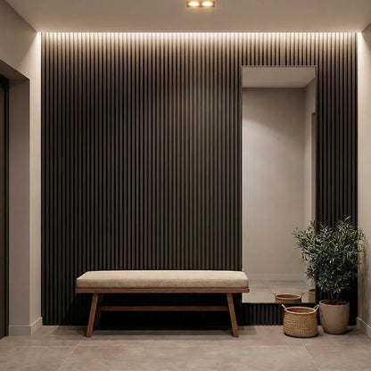 Dark slat wall panels used as an interior feature