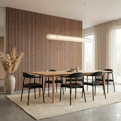 Slat wall feature in a dining space